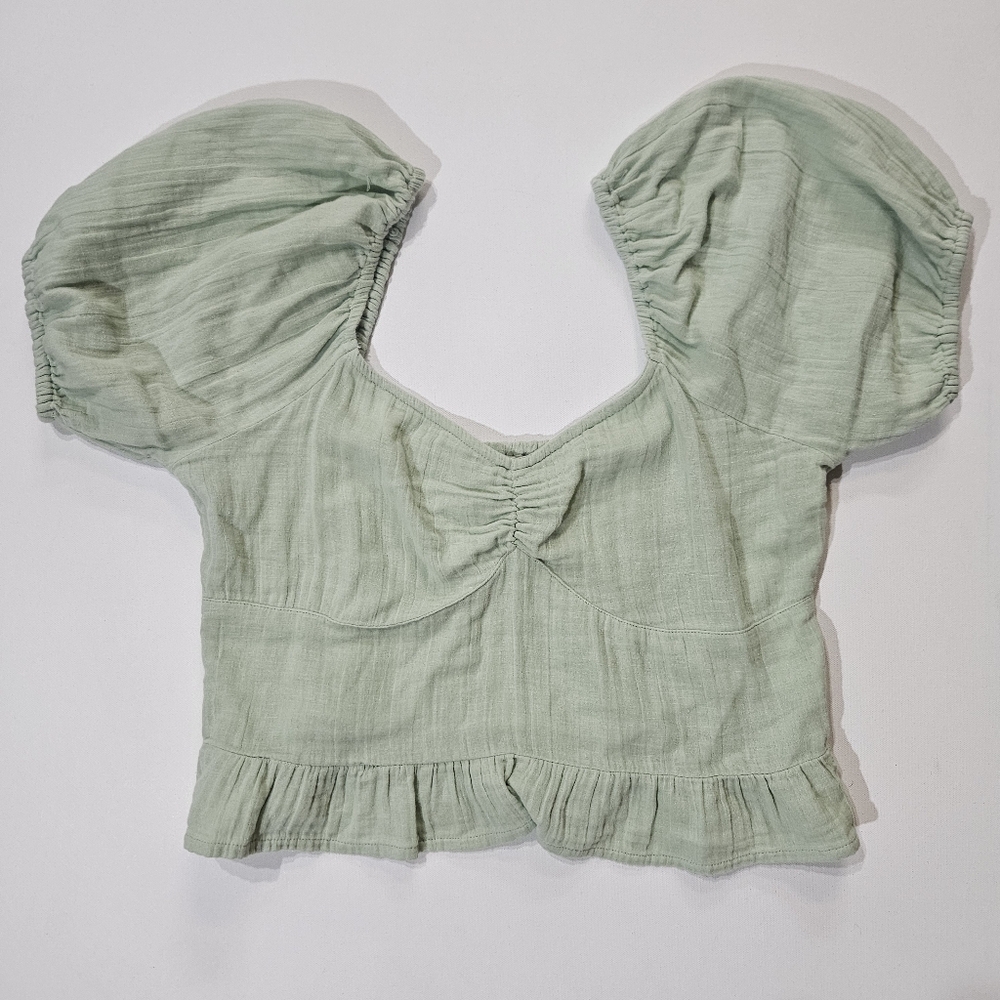 Roxy Babydoll Top Womens Large Sage Green‎ Puff Sleeve Whimsy Goth Ruffle Hem